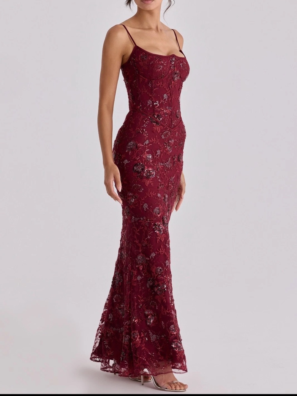 House of CB Naima wine hand beaded embellished corset Maxi dress